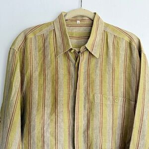 Vintage Ermenegildo Zegna Linen Shirt L 52 Made taly Striped Long Sleeve Earthy